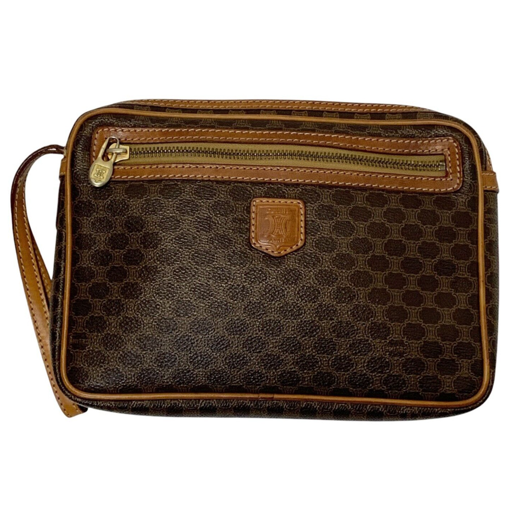 Vintage Celine Triomphe Macadam Clutch Brown Leather Canvas Wrist Handbag Unisex